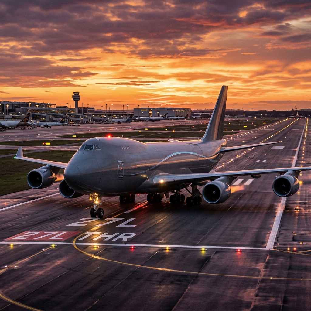 Massive modern cargo plane ready to take off at sunset